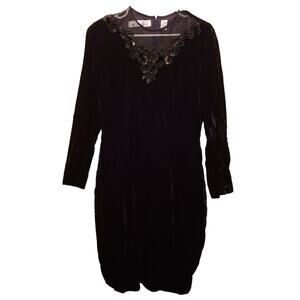 Vintage 1980s Ms Chaus Sz 12 Midi Black Velvet Dress Beaded Long Sleeve